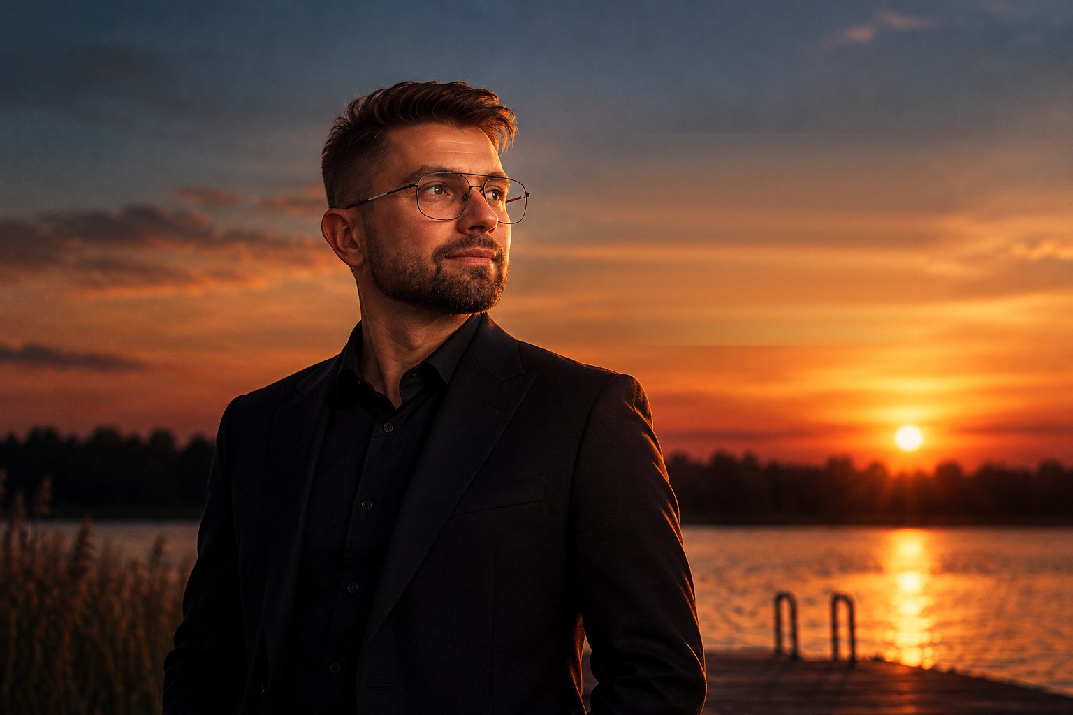 Piotr Sawiński — DJ Z RADIA, zachód słońca nad jeziorem